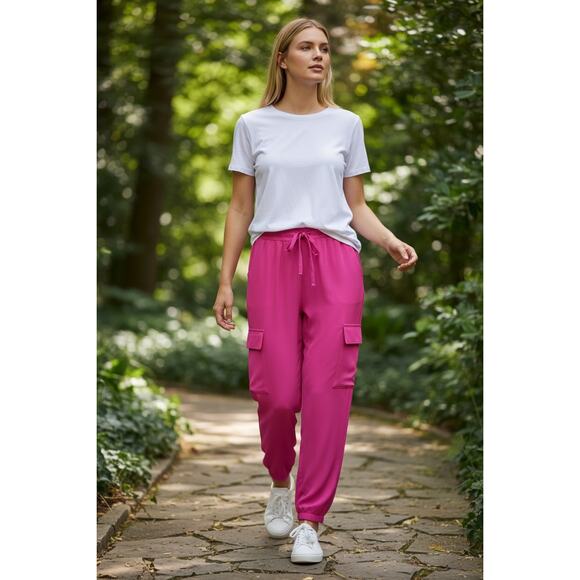 RAMY BROOK Pants Size L NEW $295 Satin Pocket Allyn Pant Shiny Fuchsia Pink - Picture 1 of 4